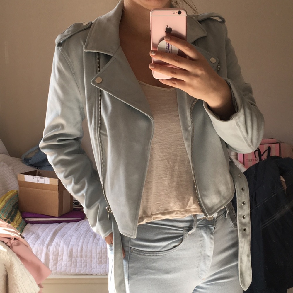 Never worn light blue “suede” motor jacket